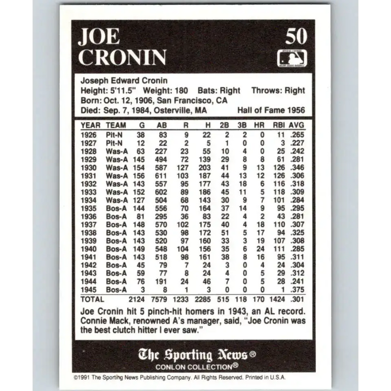 1991 Conlon Collection #50 Joe Cronin EX Excellent Pittsburgh Pirates Baseball Card - Baseball Card Single