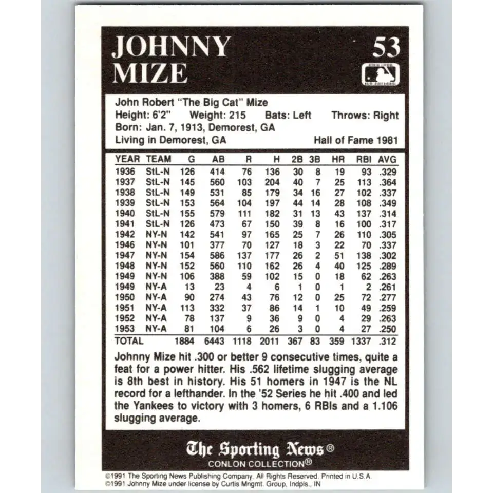 1991 Conlon Collection #53 Johnny Mize EX Excellent St. Louis Cardinals Baseball Card - Baseball Card Single