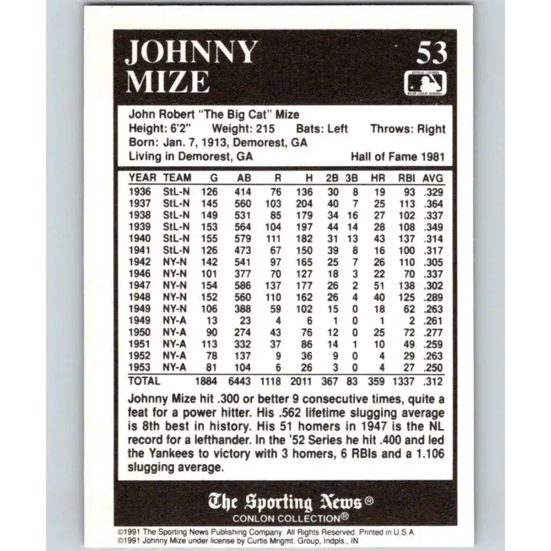 1991 Conlon Collection #53 Johnny Mize EX Excellent St. Louis Cardinals Baseball Card - Baseball Card Single
