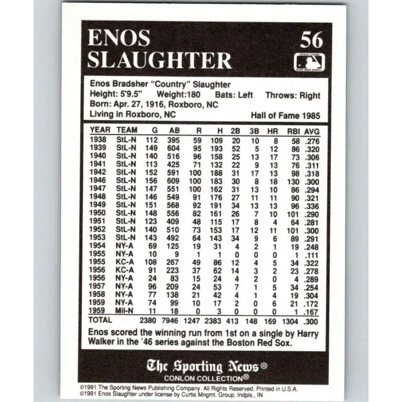 1991 Conlon Collection #56 Enos Slaughter EX Excellent St. Louis Cardinals Baseball Card - Baseball Card Single