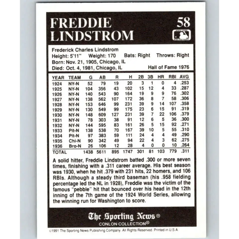 1991 Conlon Collection #58 Fred Lindstrom EX Excellent New York Giants Baseball Card - Baseball Card Single