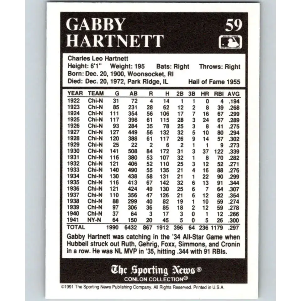 1991 Conlon Collection #59 Gabby Hartnett EX Excellent Chicago Cubs Baseball Card - Baseball Card Single