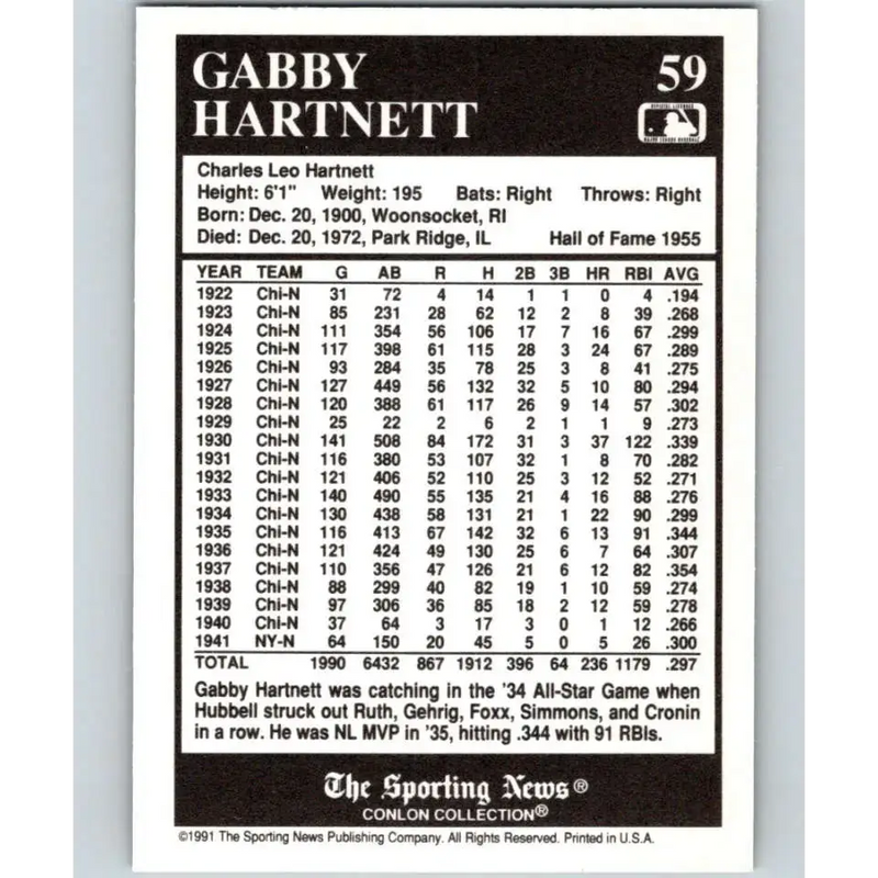 1991 Conlon Collection #59 Gabby Hartnett EX Excellent Chicago Cubs Baseball Card - Baseball Card Single
