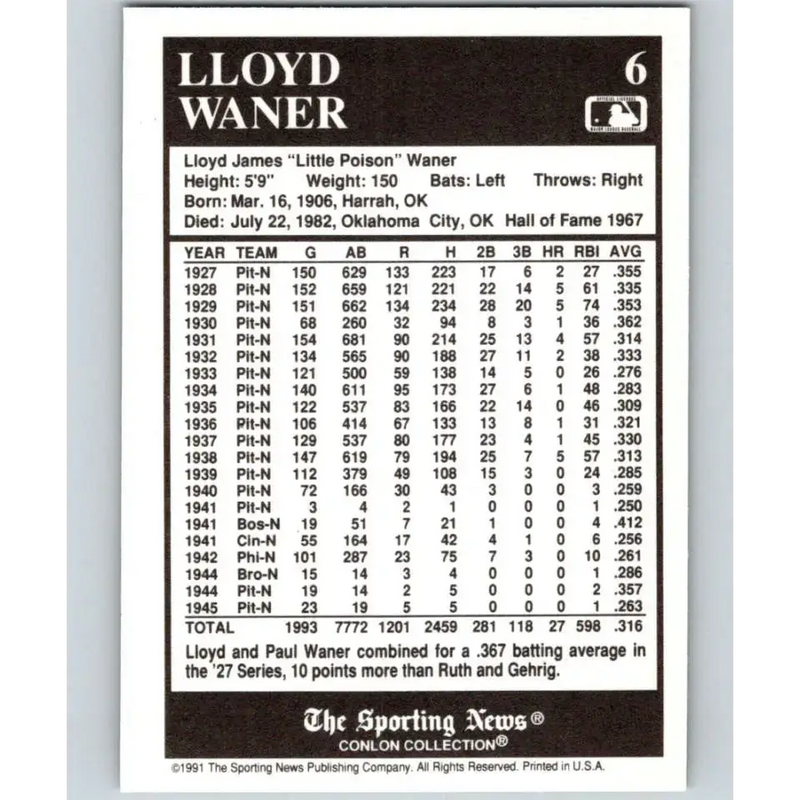 1991 Conlon Collection #6 Lloyd Waner EX Excellent Pittsburgh Pirates Baseball Card - Baseball Card Single