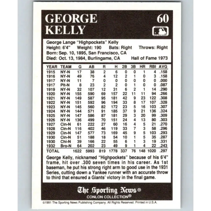 1991 Conlon Collection #60 George Kelly EX Excellent New York Giants Baseball Card - Baseball Card Single