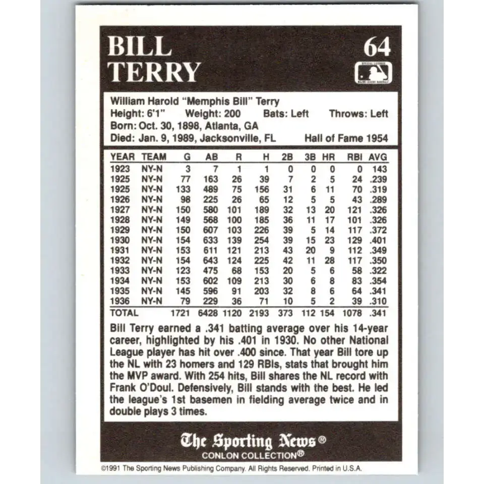 1991 Conlon Collection #64 Bill Terry EX Excellent New York Giants Baseball Card - Baseball Card Single
