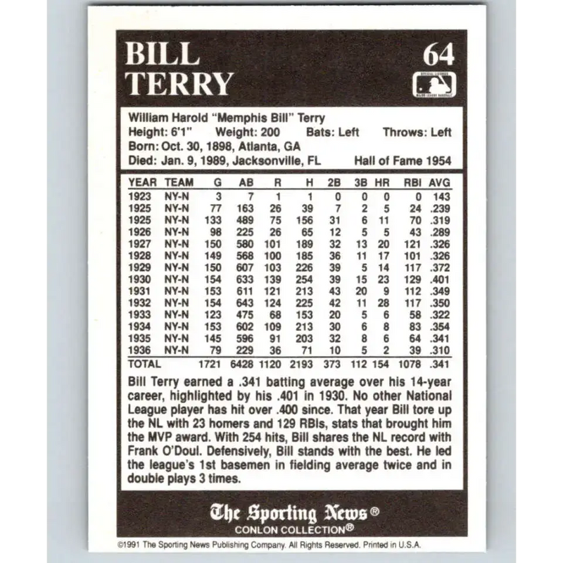 1991 Conlon Collection #64 Bill Terry EX Excellent New York Giants Baseball Card - Baseball Card Single