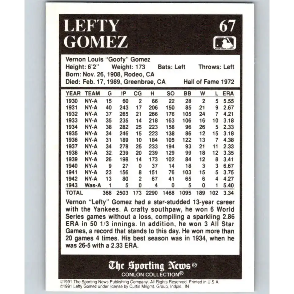 1991 Conlon Collection #67 Lefty Gomez EX Excellent New York Yankees Baseball Card - Baseball Card Single