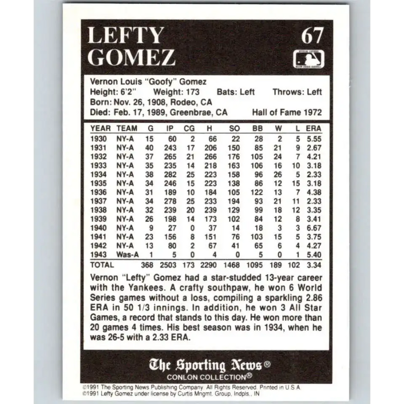 1991 Conlon Collection #67 Lefty Gomez EX Excellent New York Yankees Baseball Card - Baseball Card Single
