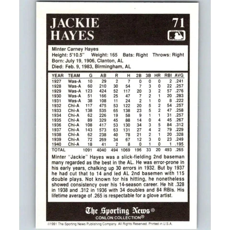 1991 Conlon Collection #71 Jackie Hayes EX Excellent Chicago White Sox Baseball Card - Baseball Card Single