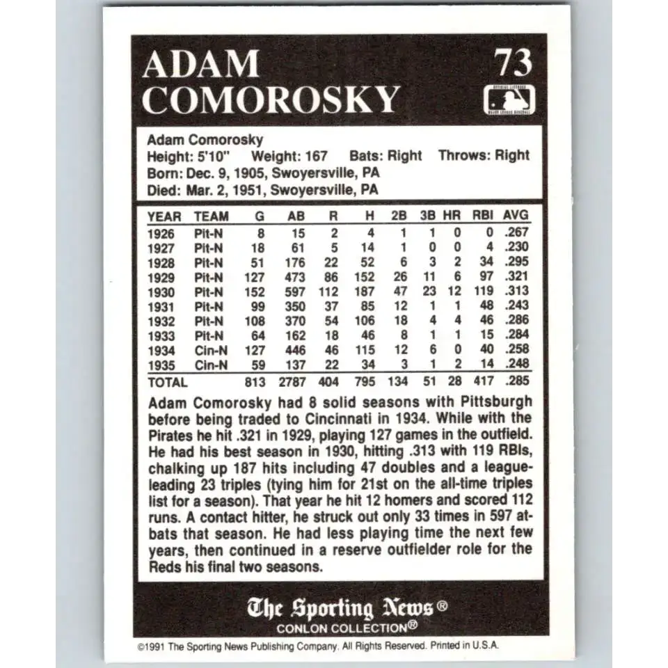 1991 Conlon Collection #73 Adam Comorosky EX Excellent Cincinnati Reds Baseball Card - Baseball Card Single