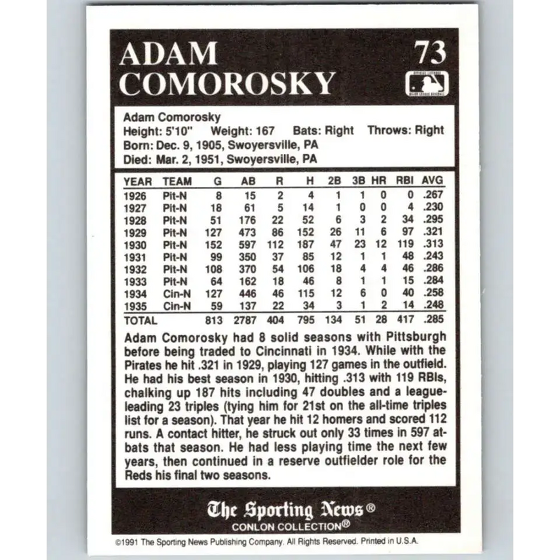 1991 Conlon Collection #73 Adam Comorosky EX Excellent Cincinnati Reds Baseball Card - Baseball Card Single