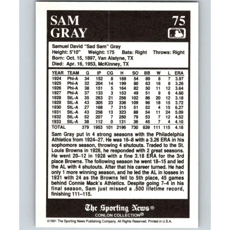 1991 Conlon Collection #75 Sam Gray EX Excellent St. Louis Browns Baseball Card - Baseball Card Single