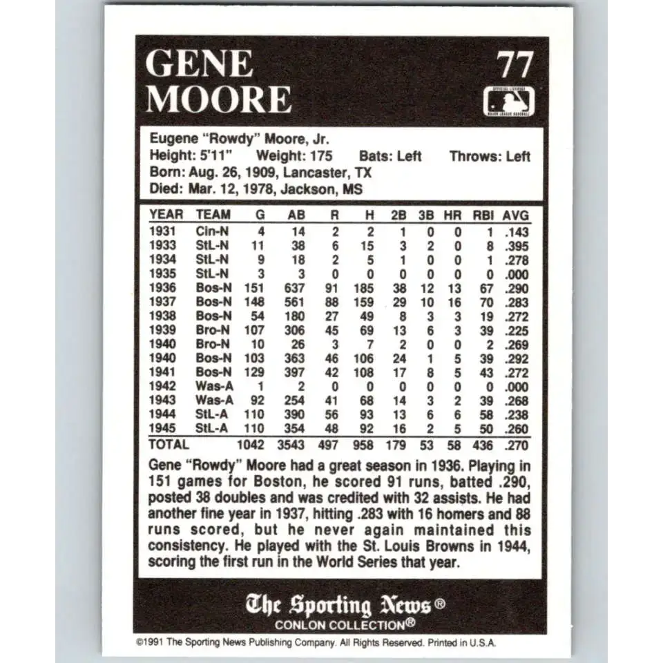 1991 Conlon Collection #77 Gene Moore EX Excellent Boston Braves Baseball Card - Baseball Card Single