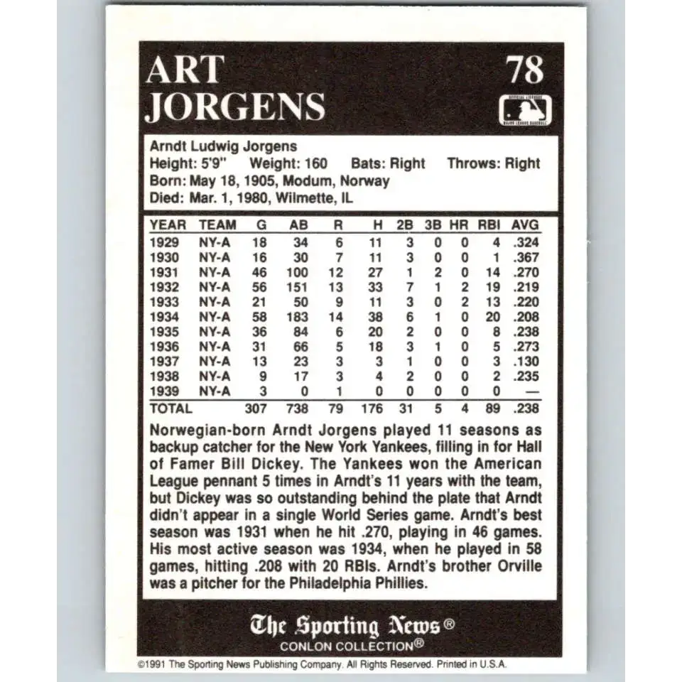 1991 Conlon Collection #78 Art Jorgens EX Excellent New York Yankees Baseball Card - Baseball Card Single