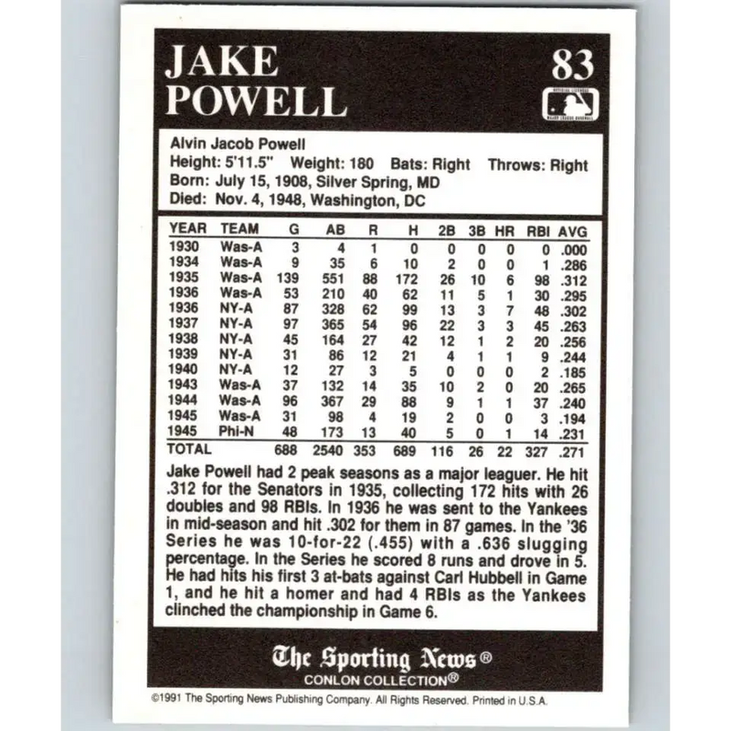 1991 Conlon Collection #83 Jake Powell EX Excellent New York Yankees Baseball Card - Baseball Card Single