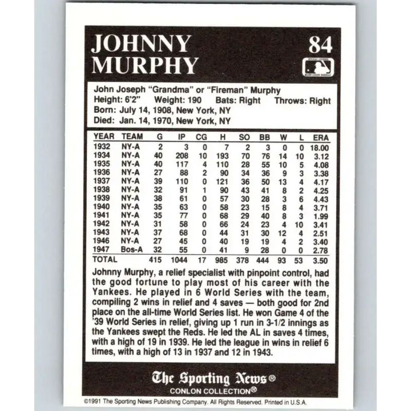 1991 Conlon Collection #84 Johnny Murphy EX Excellent New York Yankees Baseball Card - Baseball Card Single