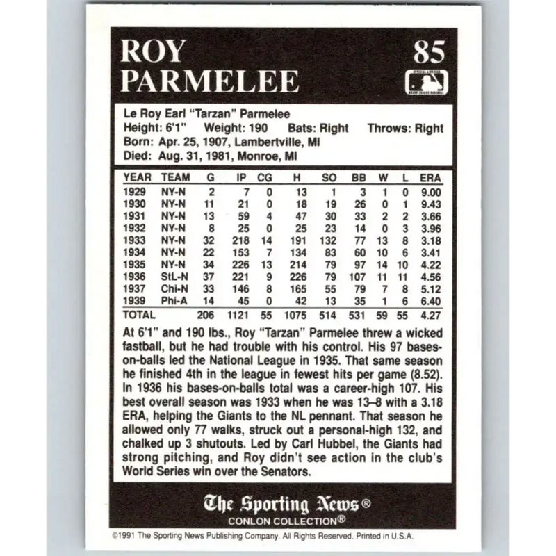 1991 Conlon Collection #85 Roy Parmelee EX Excellent St. Louis Cardinals Baseball Card - Baseball Card Single
