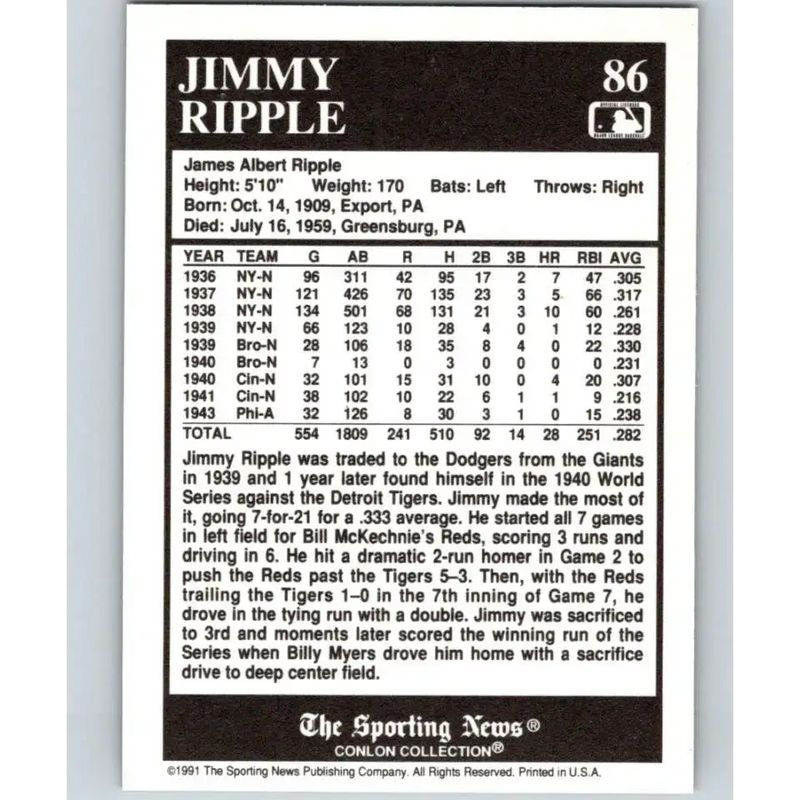 1991 Conlon Collection #86 Jimmy Ripple EX Excellent New York Giants Baseball Card - Baseball Card Single