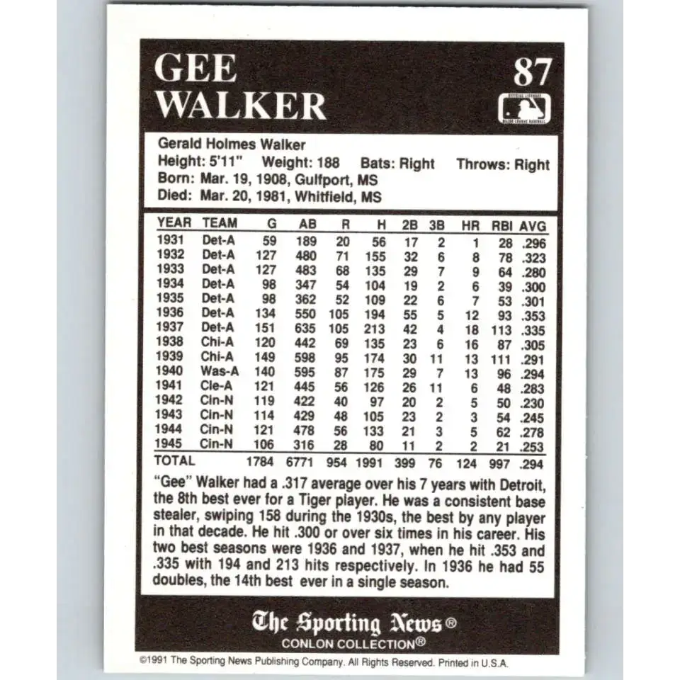 1991 Conlon Collection #87 Gee Walker EX Excellent Detroit Tigers Baseball Card - Baseball Card Single
