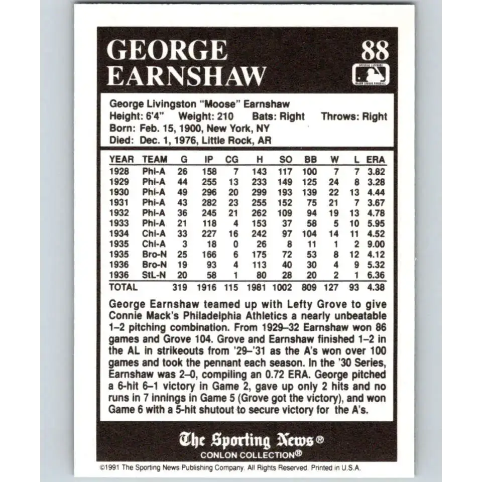 1991 Conlon Collection #88 George Earnshaw EX Excellent St. Louis Cardinals Baseball Card - Baseball Card Single