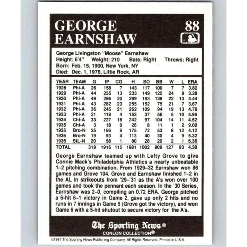 1991 Conlon Collection #88 George Earnshaw EX Excellent St. Louis Cardinals Baseball Card - Baseball Card Single