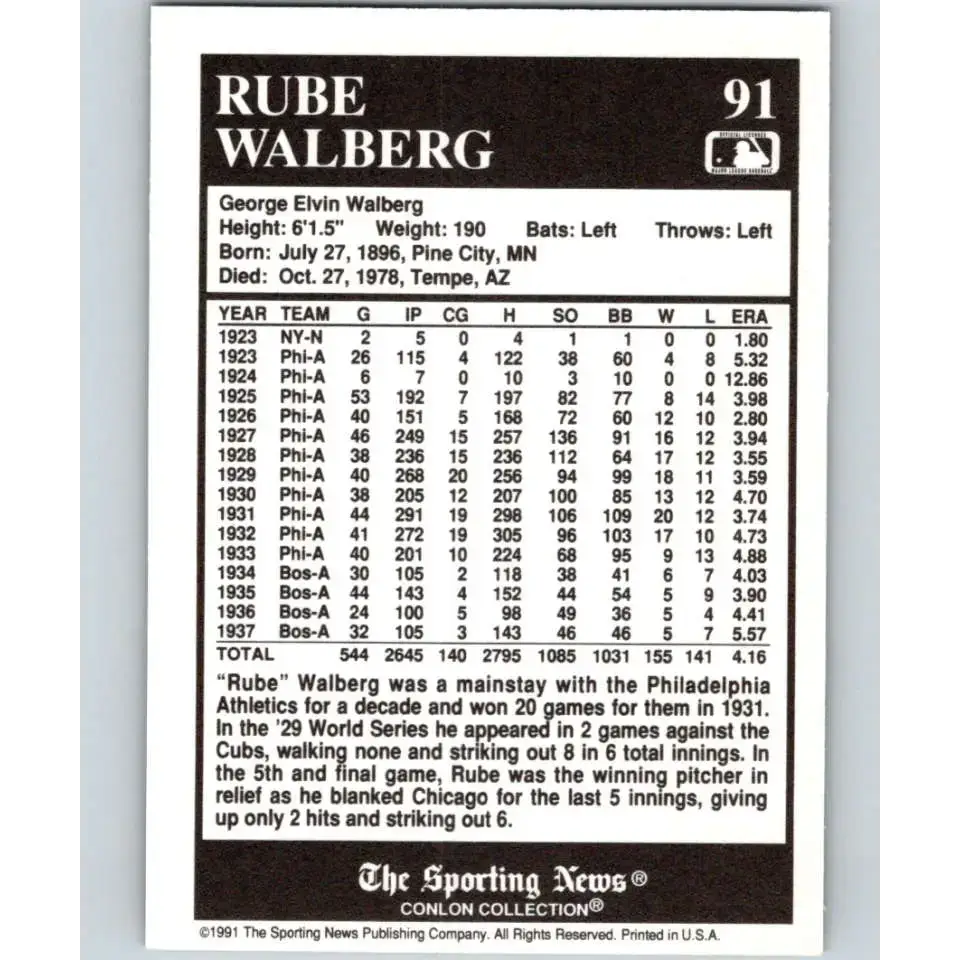 1991 Conlon Collection #91 Rube Walberg EX Excellent Philadelphia Athletics Baseball Card - Baseball Card Single