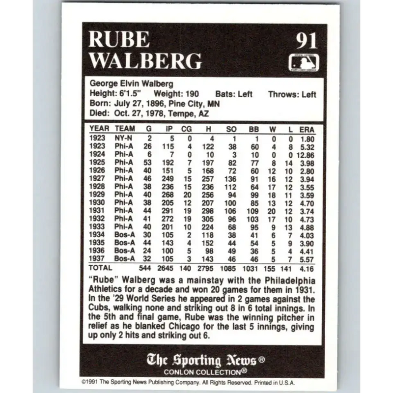 1991 Conlon Collection #91 Rube Walberg EX Excellent Philadelphia Athletics Baseball Card - Baseball Card Single