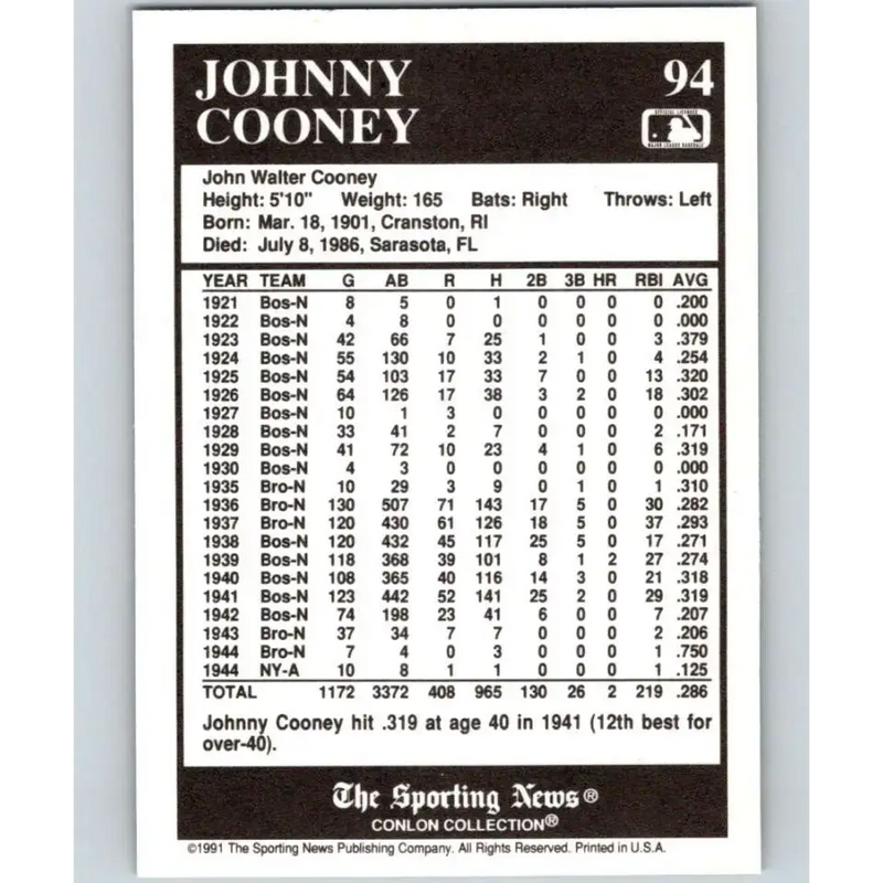 1991 Conlon Collection #94 Johnny Cooney EX Excellent Brooklyn Dodgers Baseball Card - Baseball Card Single