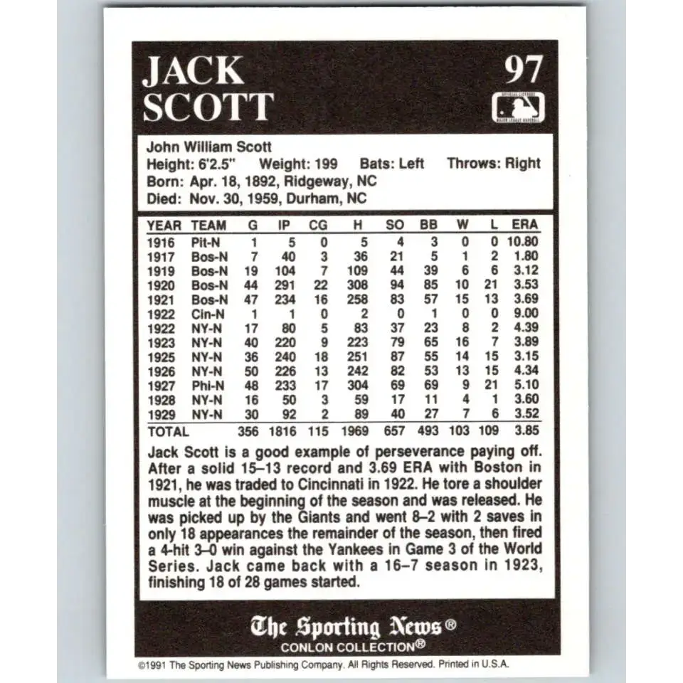 1991 Conlon Collection #97 Jack Scott EX Excellent Pittsburgh Pirates Baseball Card - Baseball Card Single