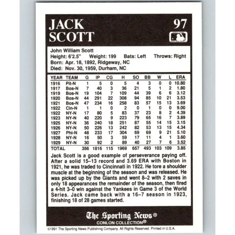 1991 Conlon Collection #97 Jack Scott EX Excellent Pittsburgh Pirates Baseball Card - Baseball Card Single