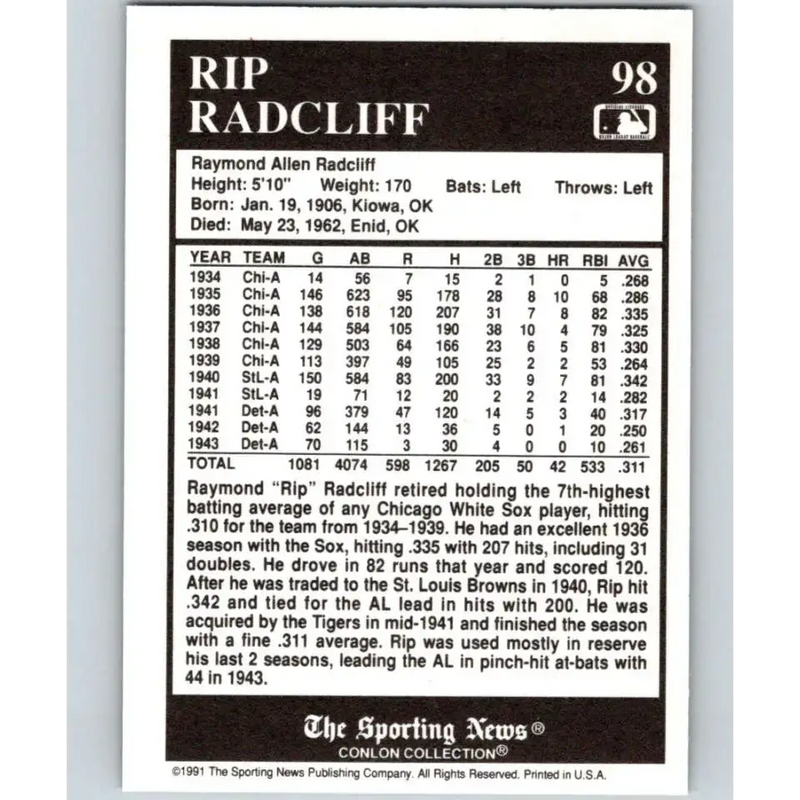 1991 Conlon Collection #98 Rip Radcliff EX Excellent Chicago White Sox Baseball Card - Baseball Card Single