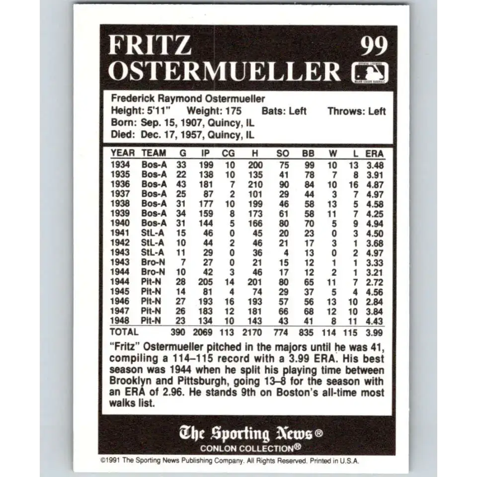 1991 Conlon Collection #99 Fritz Ostermueller EX Excellent Boston Red Sox Baseball Card - Baseball Card Single