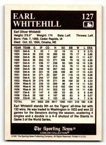 1991 Conlon Collection TSN #127 Earl Whitehill Detroit Tigers Baseba ID:52916 - Baseball Card Single