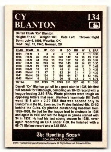 1991 Conlon Collection TSN #134 Cy Blanton Pittsburgh Pirates Baseba ID:52910 - Baseball Card Single