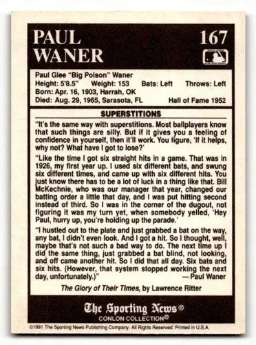 1991 Conlon Collection TSN #167 Paul Waner Pittsburgh Pirates Baseba ID:52948 - Baseball Card Single