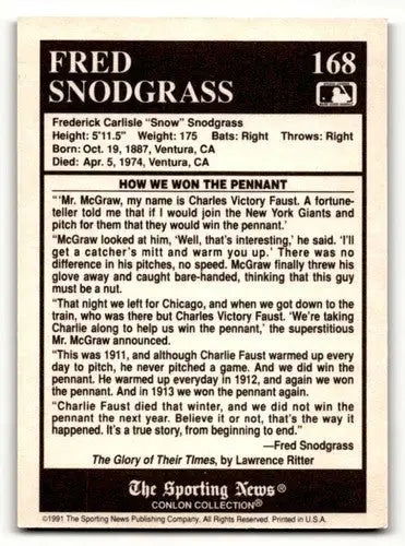 1991 Conlon Collection TSN #168 Fred Snodgrass Boston Braves Basebal ID:52947 - Baseball Card Single