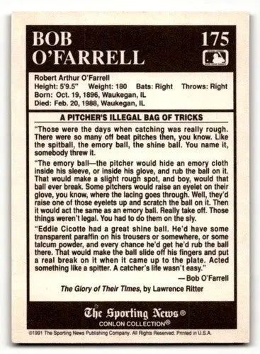 1991 Conlon Collection TSN #175 Bob O’Farrell St. Louis Cardinals Ba ID:52942 - Baseball Card Single