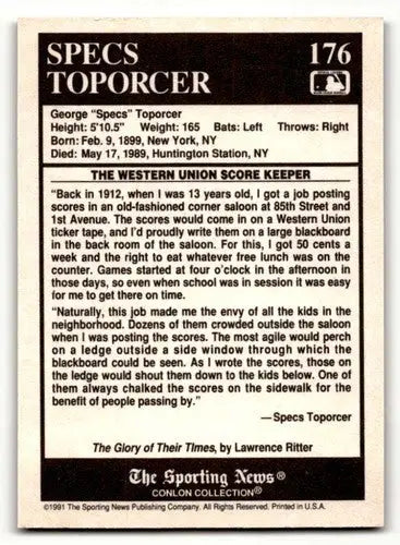 1991 Conlon Collection TSN #176 Specs Toporcer St. Louis Cardinals B ID:52941 - Baseball Card Single