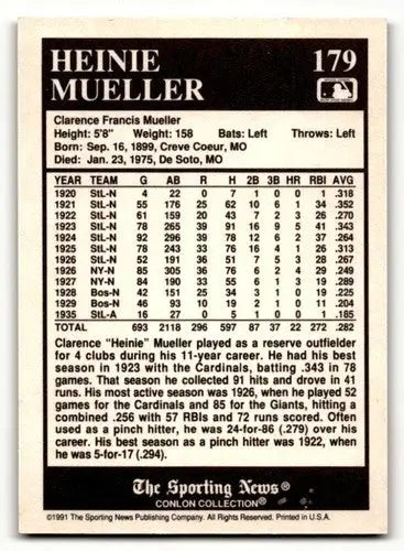 1991 Conlon Collection TSN #179 Heinie Mueller Boston Braves Basebal ID:52938 - Baseball Card Single