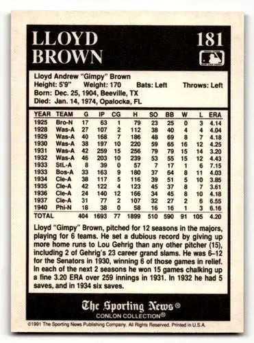1991 Conlon Collection TSN #181 Lloyd Brown Cleveland Indians Baseba ID:52936 - Baseball Card Single