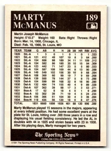 1991 Conlon Collection TSN #189 Marty McManus Boston Red Sox Basebal ID:52879 - Baseball Card Single