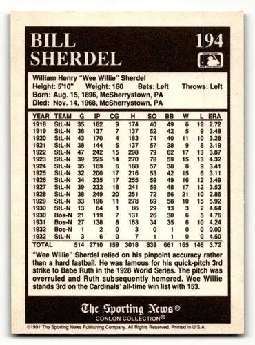 1991 Conlon Collection TSN #194 Bill Sherdel St. Louis Cardinals Bas ID:52874 - Baseball Card Single