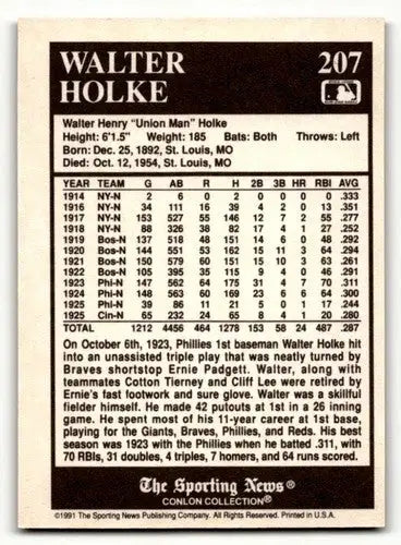 1991 Conlon Collection TSN #207 Walter Holke Philadelphia Phillies B ID:52852 - Baseball Card Single