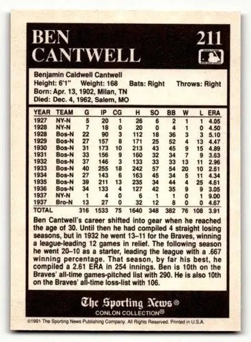1991 Conlon Collection TSN #211 Ben Cantwell Boston Braves Baseball ID:52848 - Baseball Card Single