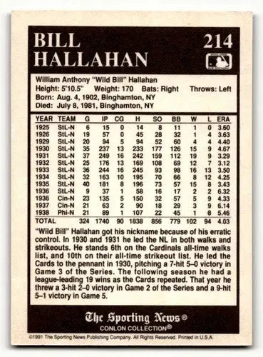 1991 Conlon Collection TSN #214 Bill Hallahan Cincinnati Reds Baseba ID:52846 - Baseball Card Single