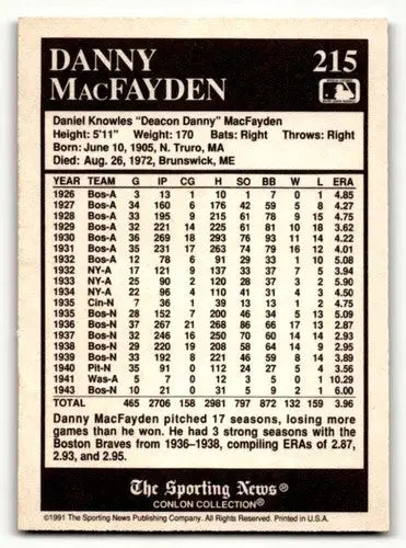 1991 Conlon Collection TSN #215 Danny MacFayden Boston Braves Baseba ID:52845 - Baseball Card Single