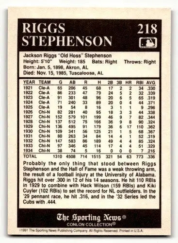1991 Conlon Collection TSN #218 Riggs Stephenson Chicago Cubs Baseba ID:52842 - Baseball Card Single