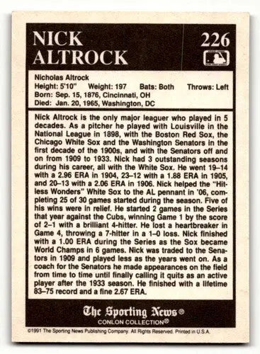 1991 Conlon Collection TSN #226 Nick Altrock Chicago White Sox Baseb ID:52836 - Baseball Card Single
