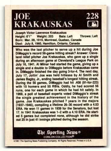 1991 Conlon Collection TSN #228 Joe Krakauskas Cleveland Indians Bas ID:52834 - Baseball Card Single